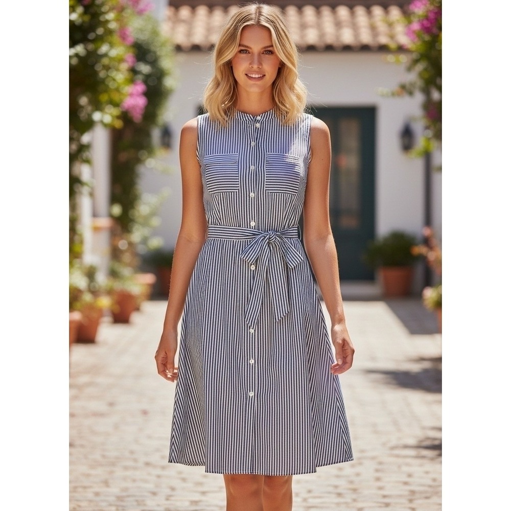 Monteau Striped Button Front Midi Shirt Dress Women S Navy White Office Chic New - Picture 1 of 12